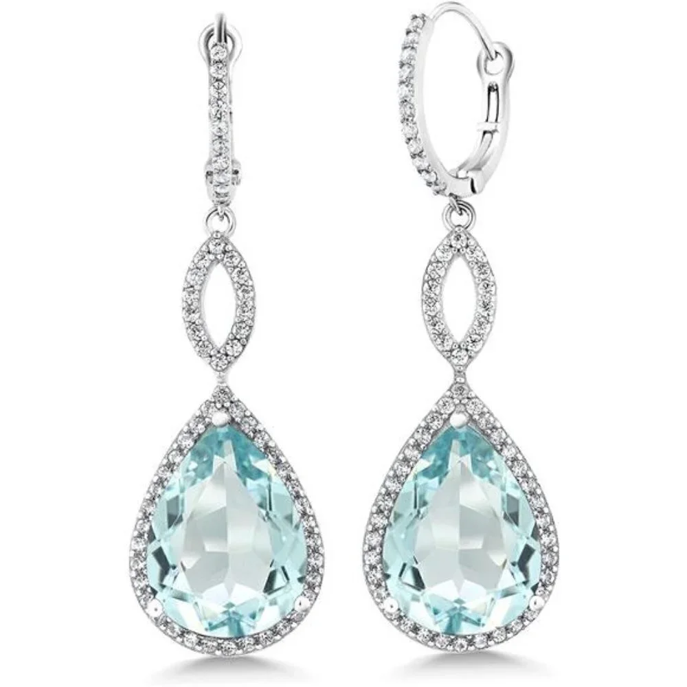 20.0 Ct Tw Sterling Silver 925 Aquamarine Bridal Chandelier Teardrop Earrings